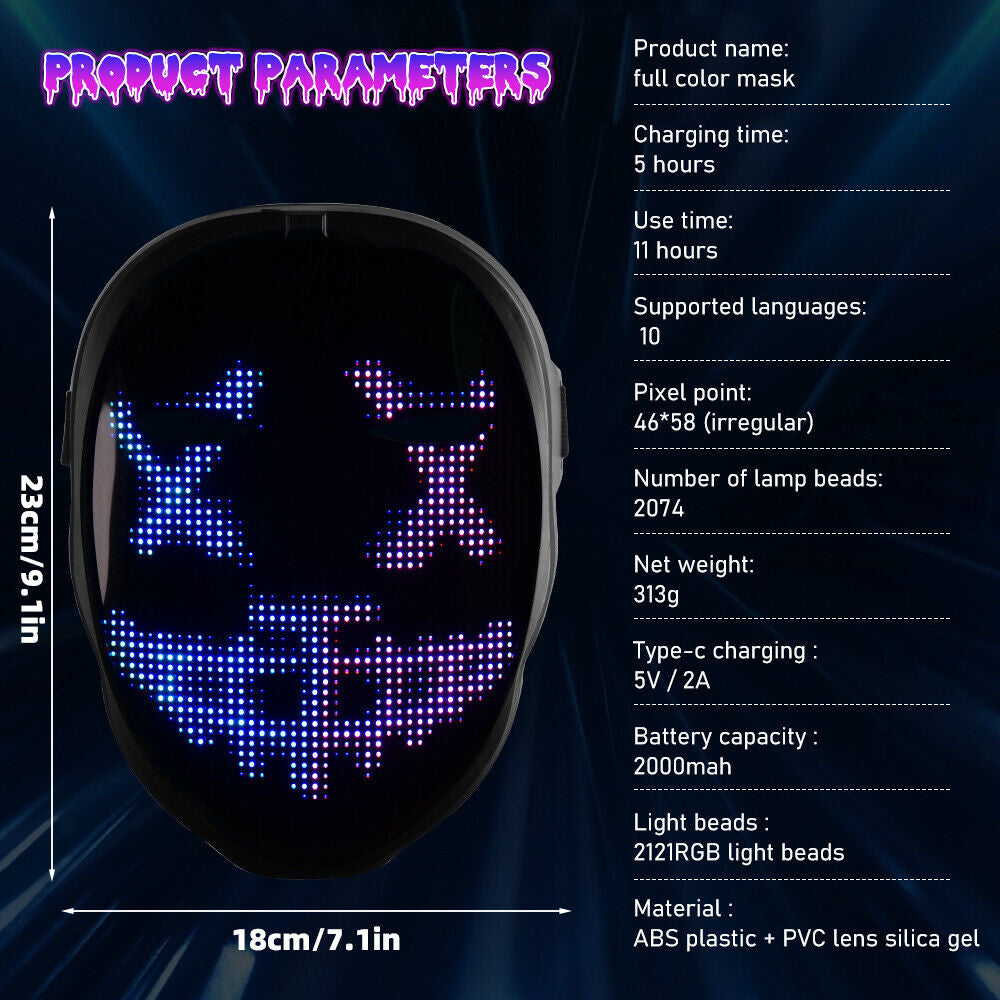 Face Transforming LED Mask with App Controlled - Programmable LED Halloween Mask